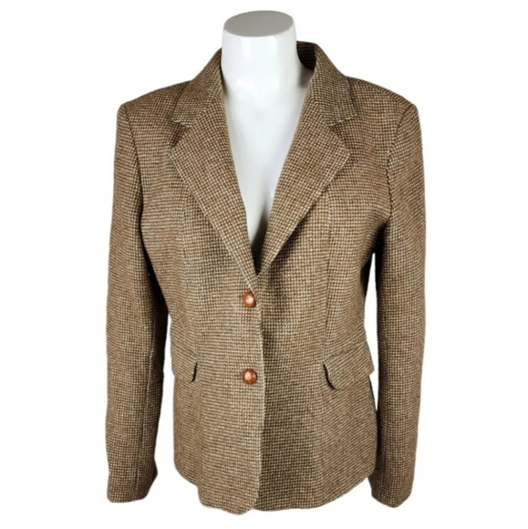 Vintage 70s Tweed Equestrian Preppy Academia Blazer Brown Cream Size 14 - Picture 1 of 16